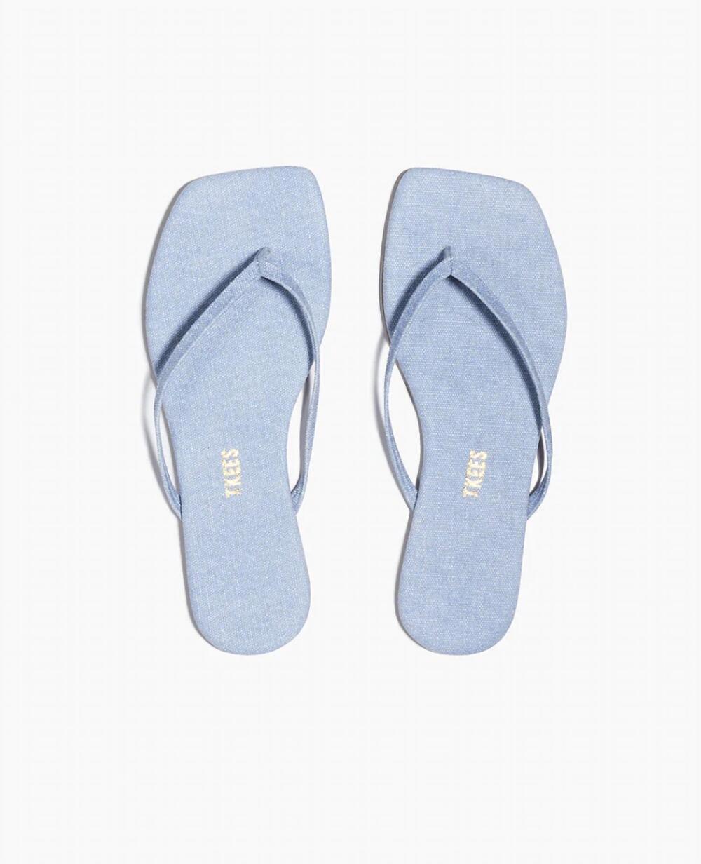 NEW TKEES women's square toe lily flip flops in washed denim